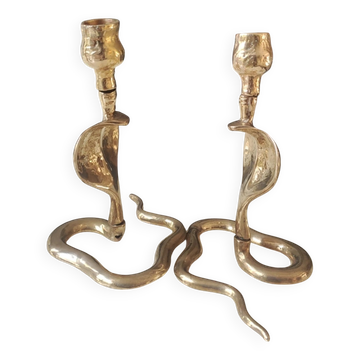 Pair of Antique Zoomorphic Cobra Candle Holders. In brass. India.