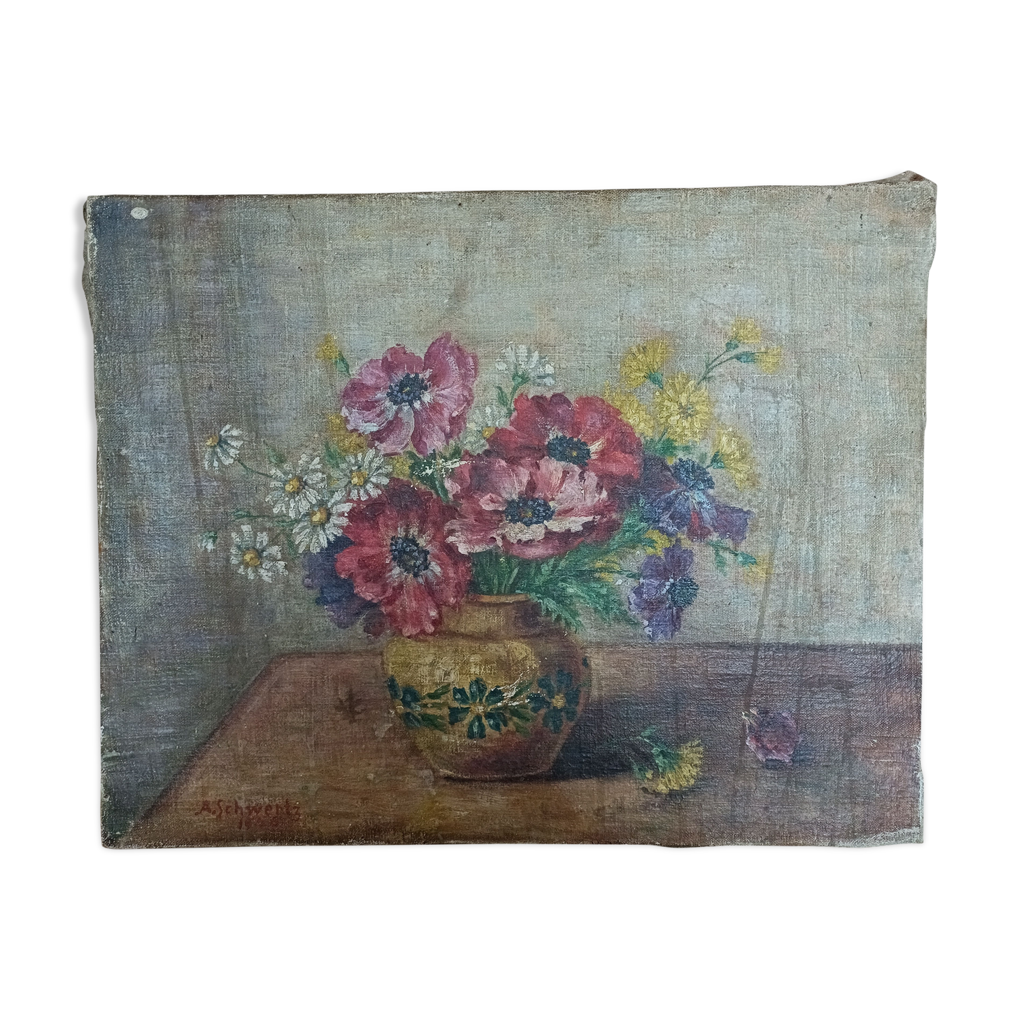 Flowered scene painting by A. Schwerz 1946