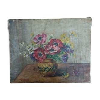 Tableau scène fleurie signé A. Schwertz 1946