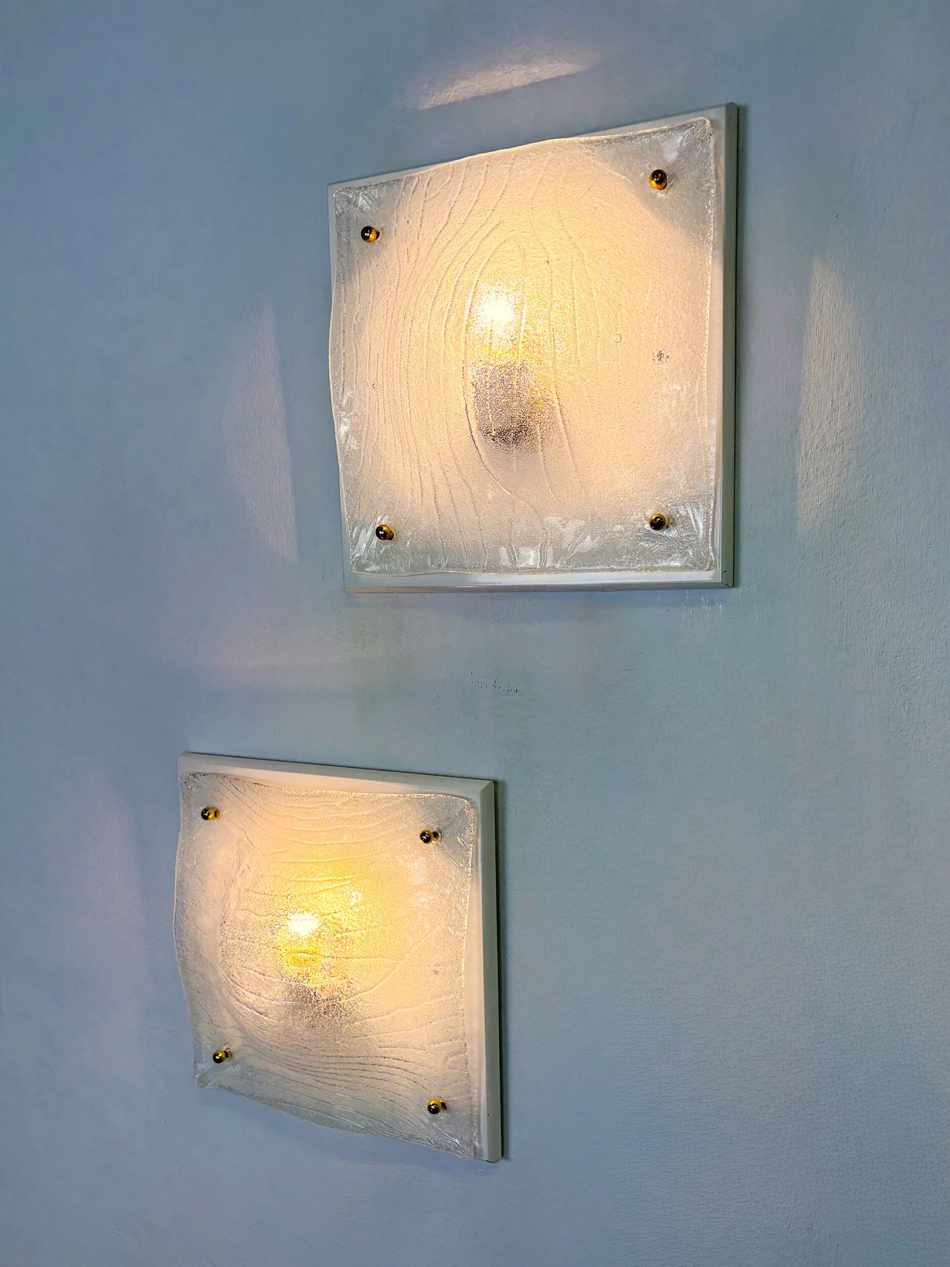 Pair of Murano frosted textured glass wall lights, Italy, 1960s