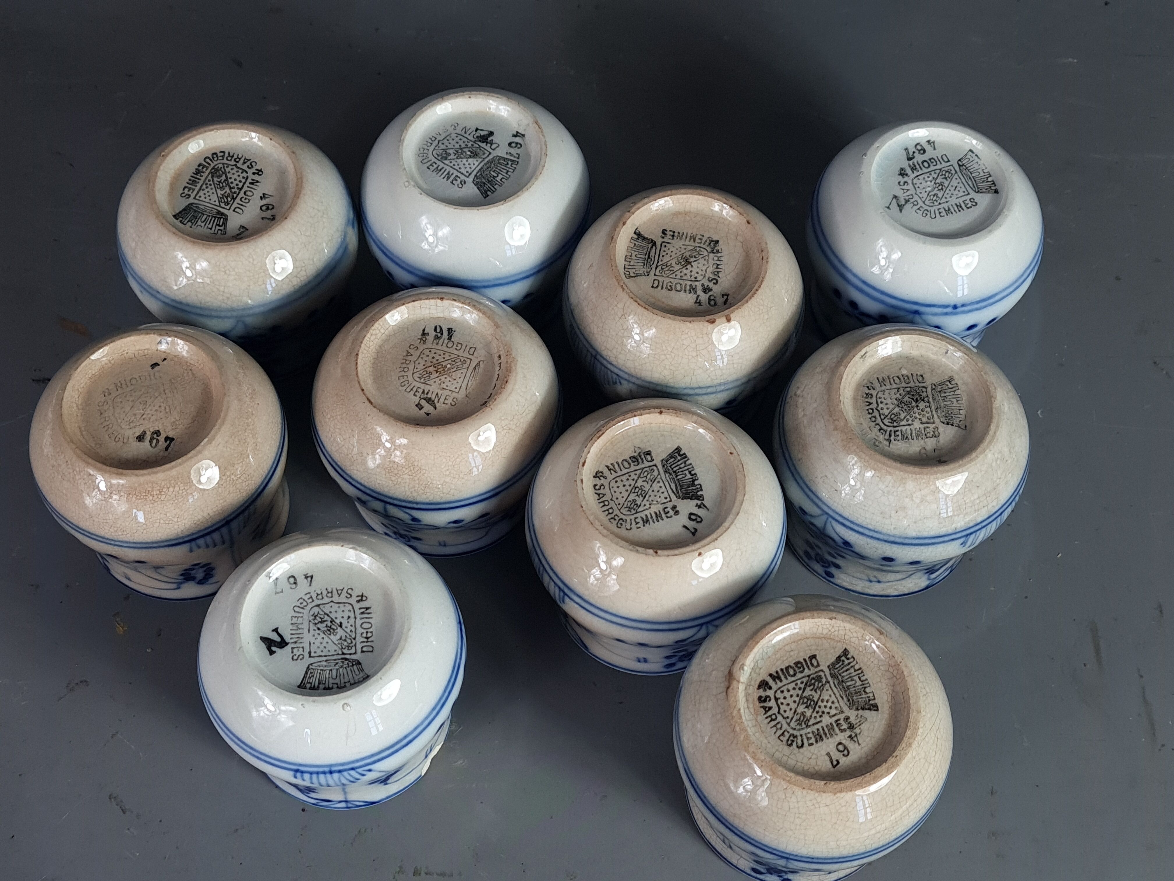 Series of 10 old small earthenware cream jars Digoin Sarreguemines SB