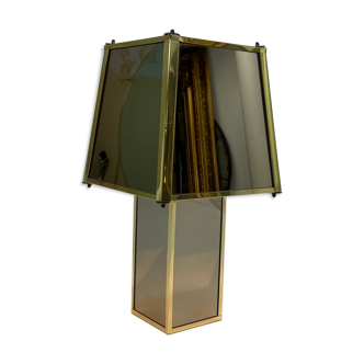 Hollywood Regency Brass and Smoked Mirror Table Lamp, Belgium, 1970s