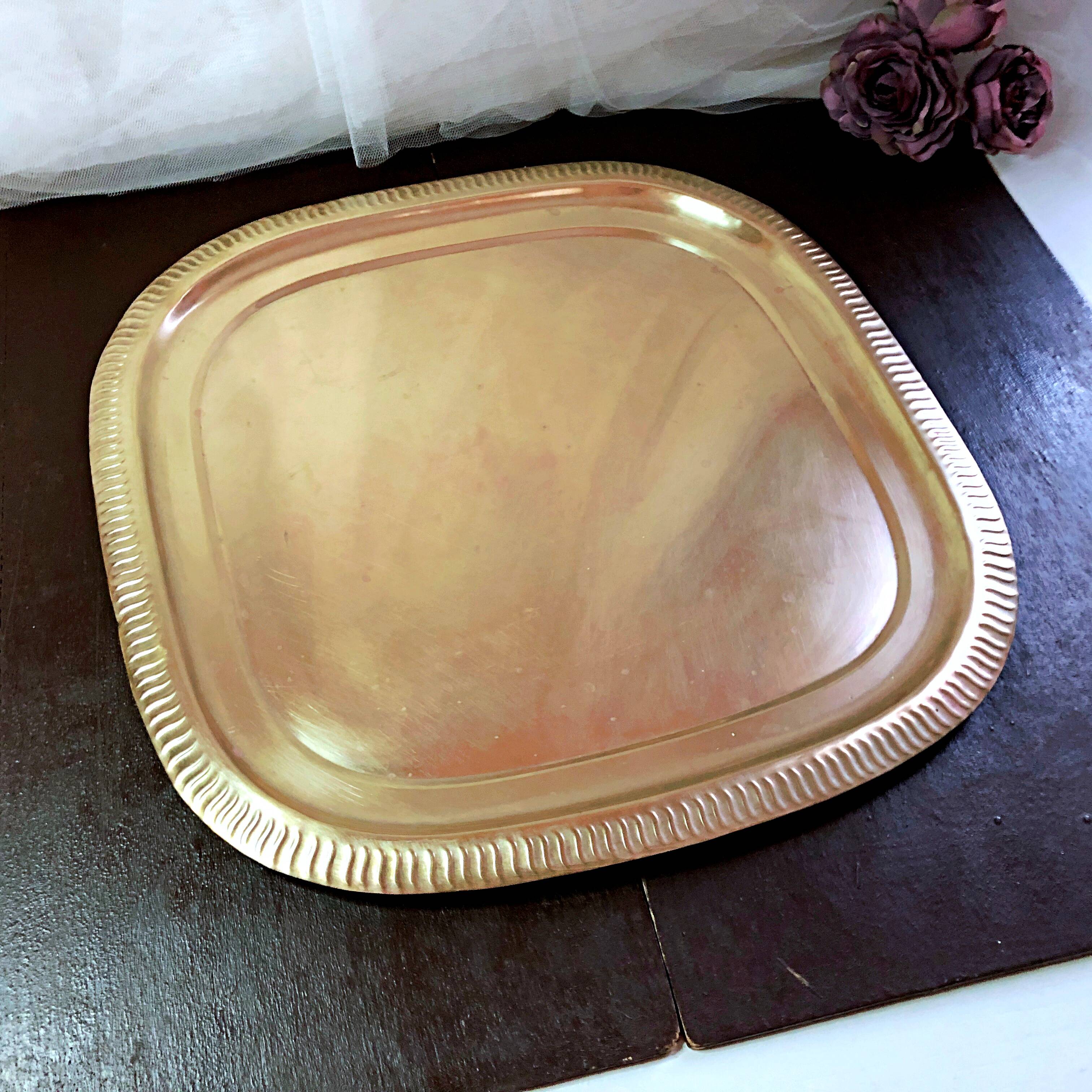 Large gilded copper serving tray early 20th century