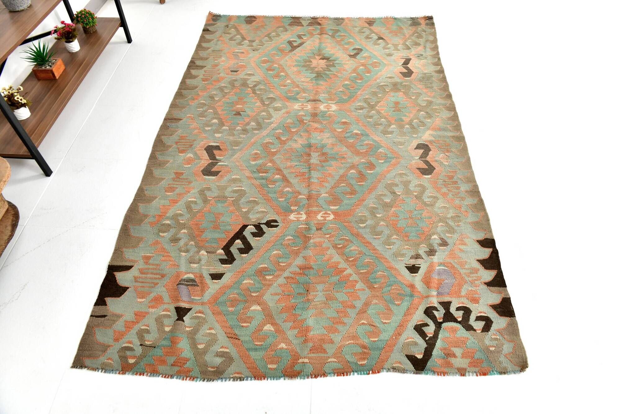 5x8 Blue & Brown Turkish Vintage Kilim Rug, 153x235Cm SK 35166