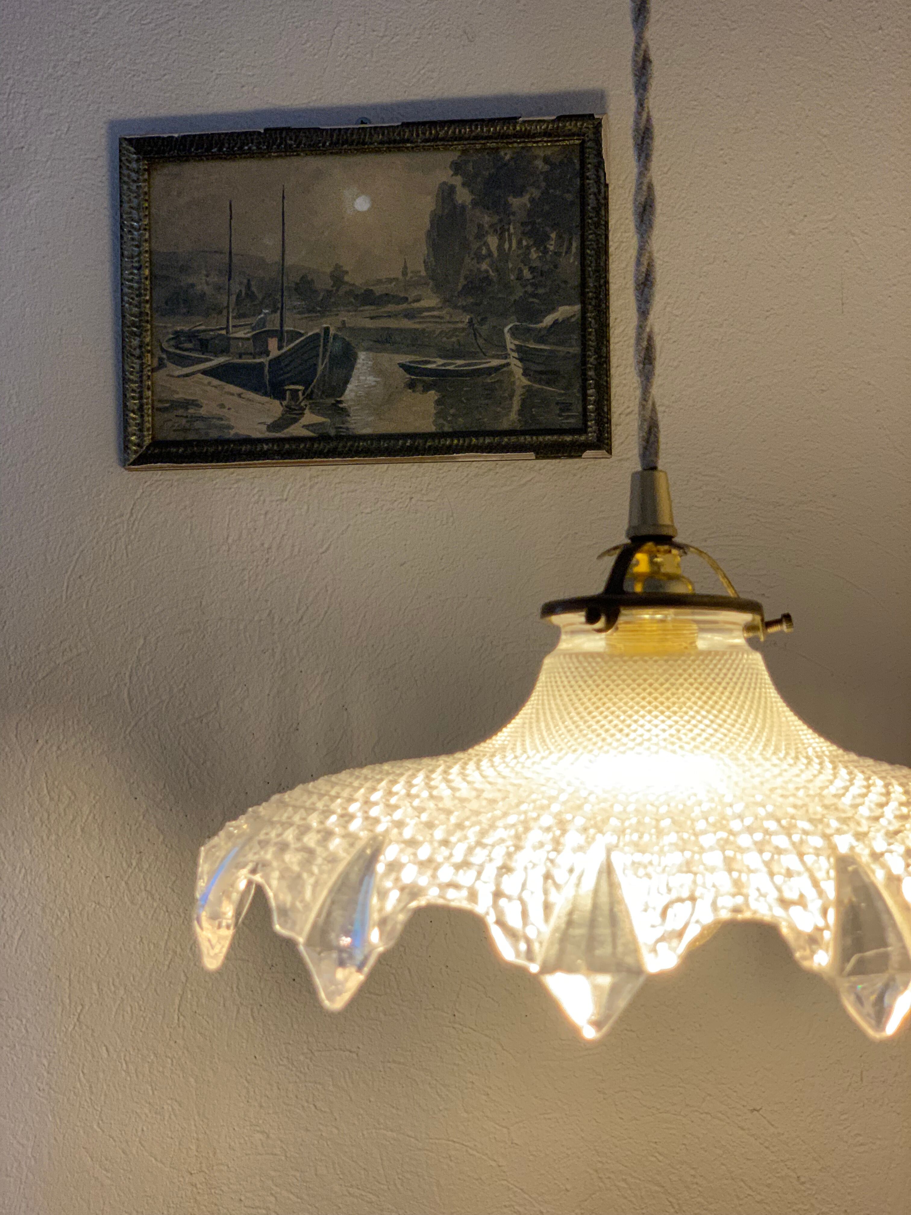 Suspension Holophane vintage diamond glass