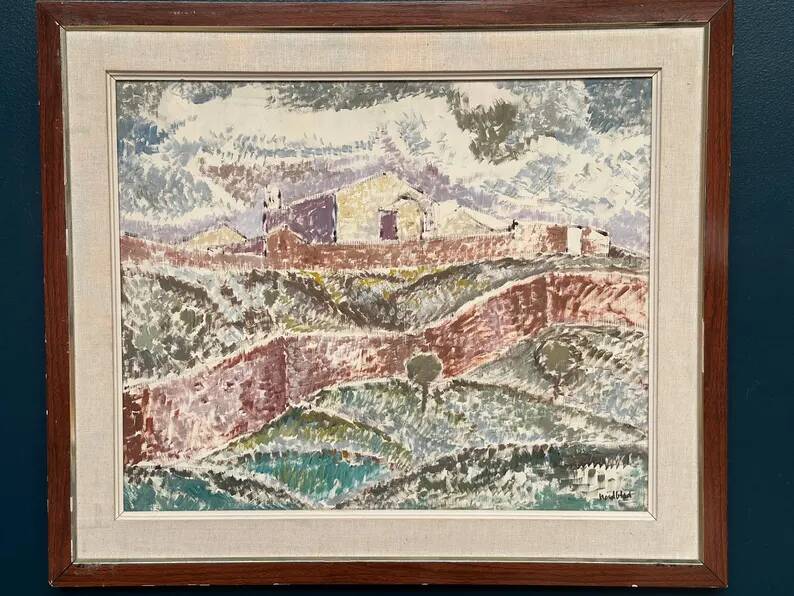 Original Swedish Oil on Canvas – "Landscape with Buildings" by Gösta Nordblad – Signed – Vintage and Framed
