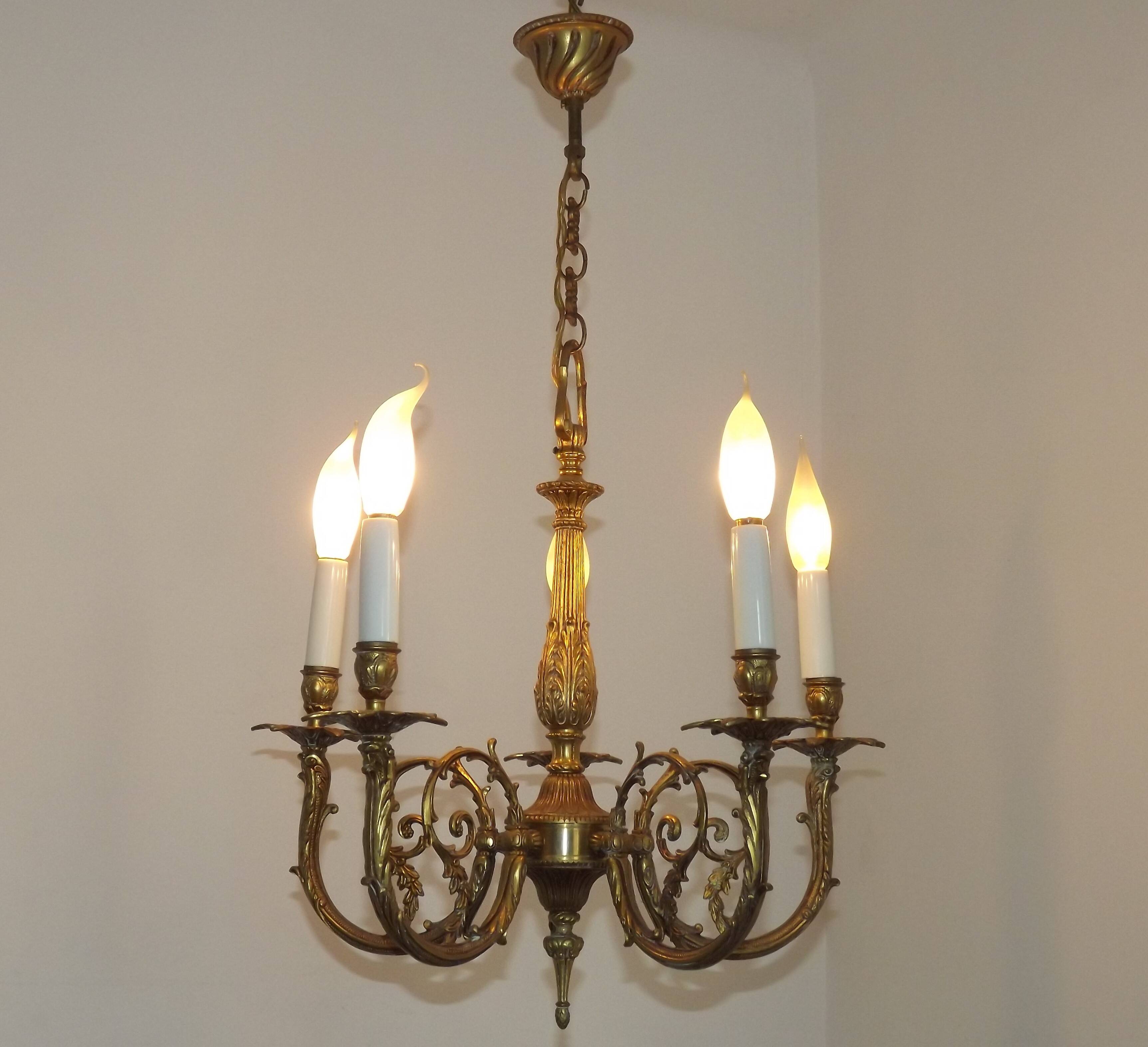 Elegant French Vintage Bronze 5-Light Art Nouveau Style Chandelier