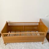 Vintage wooden baby cot and rattan strap