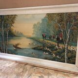 Ancien tableau huile sur panneau p. foy chasse à cour + cadre bois blanc vintage