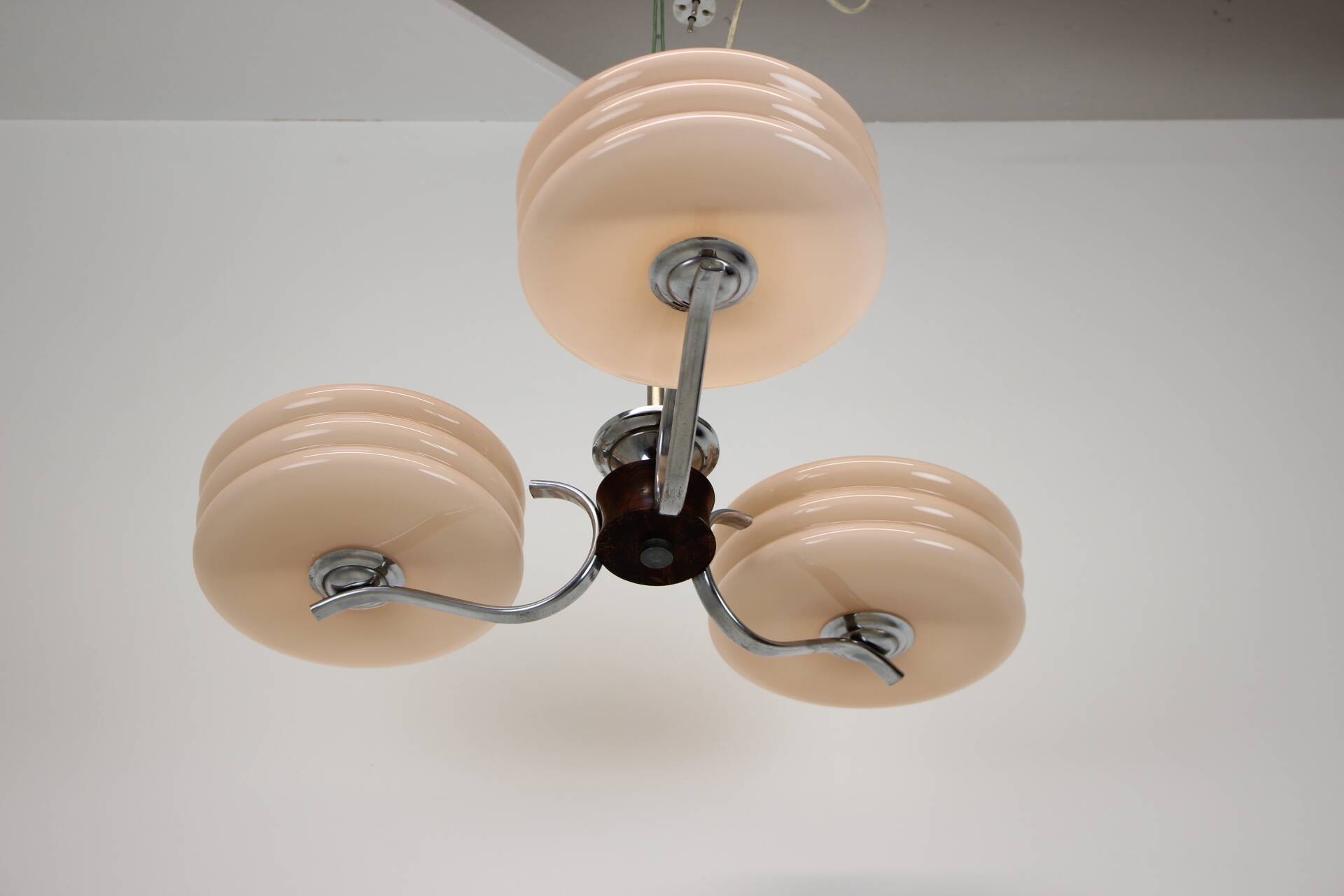 Art Deco Chrome and Pink Glass Chandelier, 1930's, Czechoslovakia