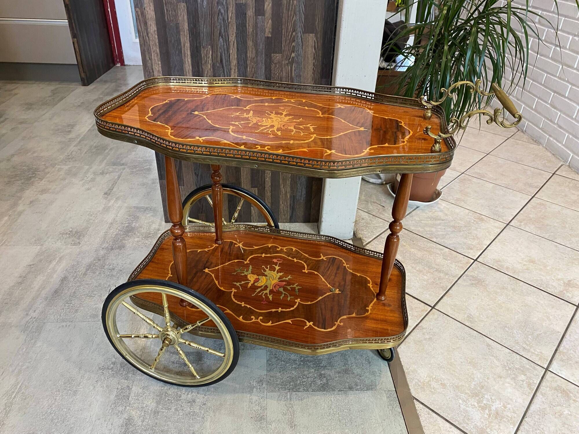 3-wheel serving trolley with 2 shelves, vintage bar marquetry on wheels, 50s