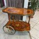 3-wheel serving trolley with 2 shelves, vintage bar marquetry on wheels, 50s