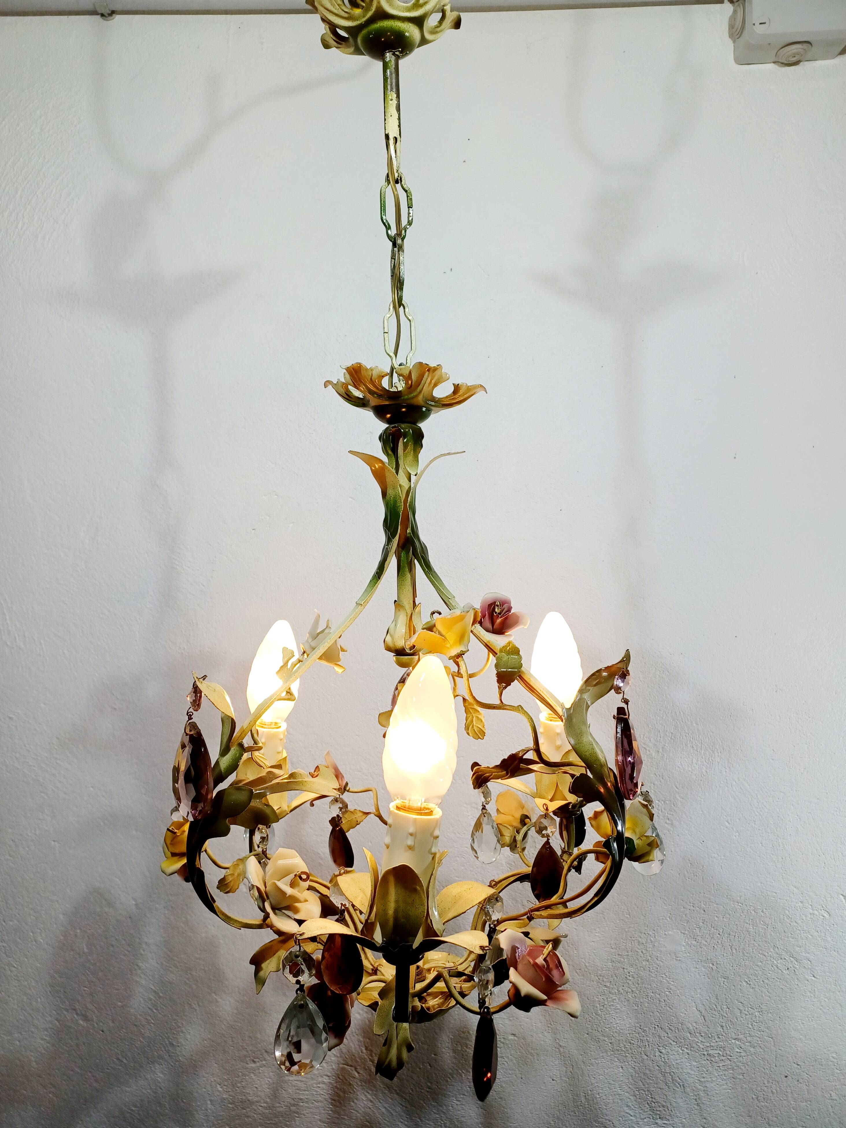 Wrought iron and porcelain chandelier