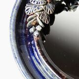 Round wall mirror in blue stoneware La Borne Catido floral decoration 1960 - Accidents