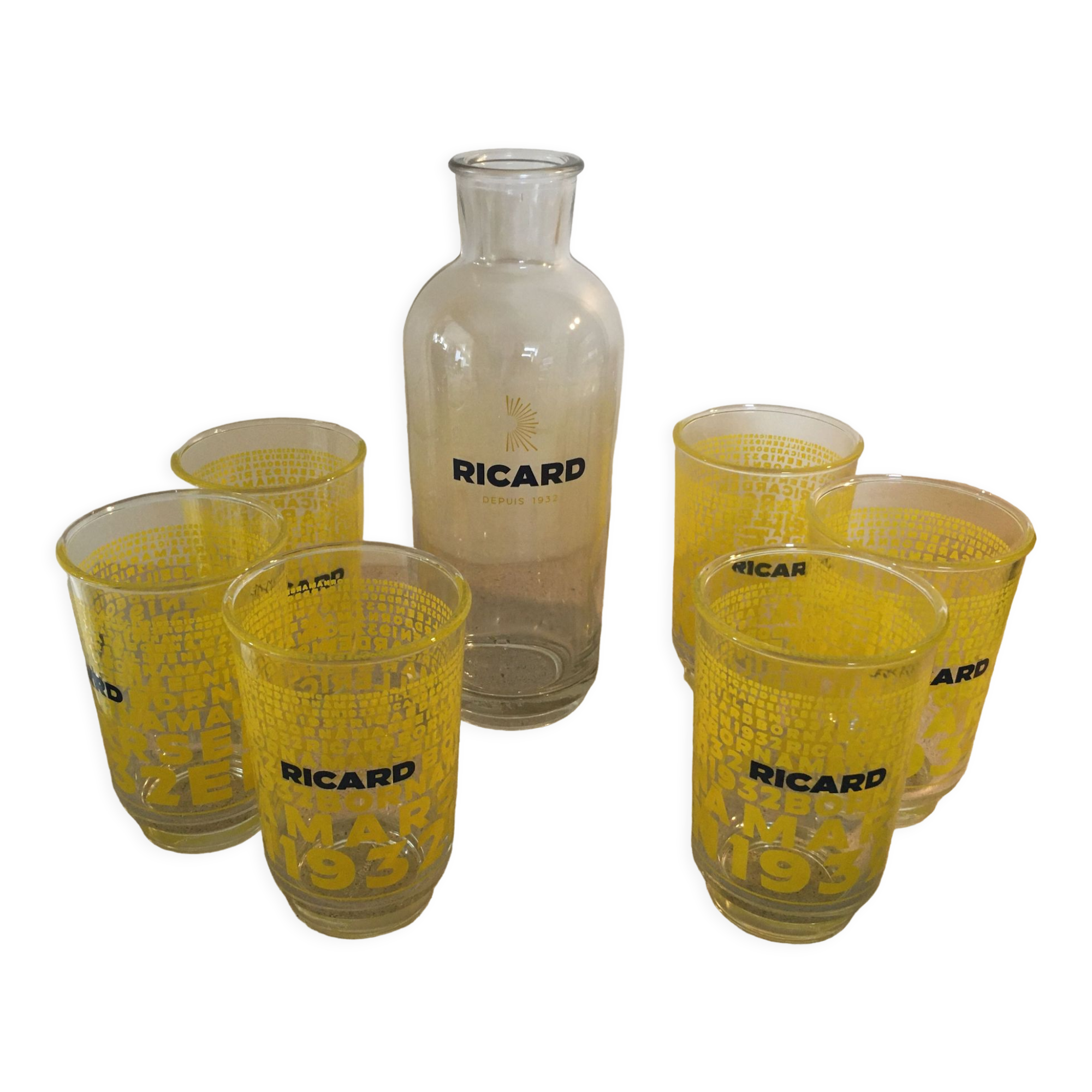 Ricard 6 glasses and carafe anniversary model "1932" signed Lehanneur