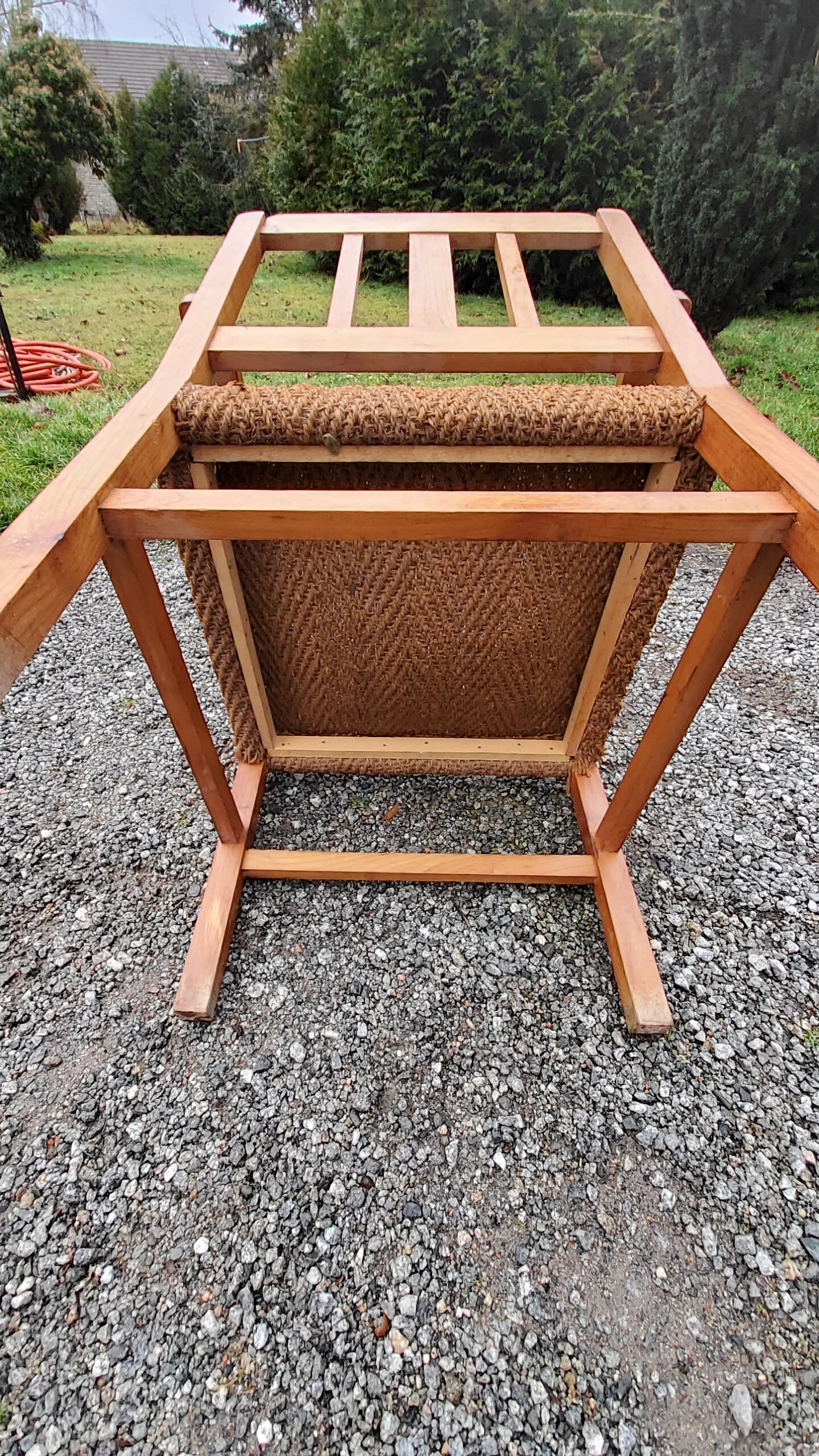 Scandinavian armchair of the 50s in cherry tree sitting in rope