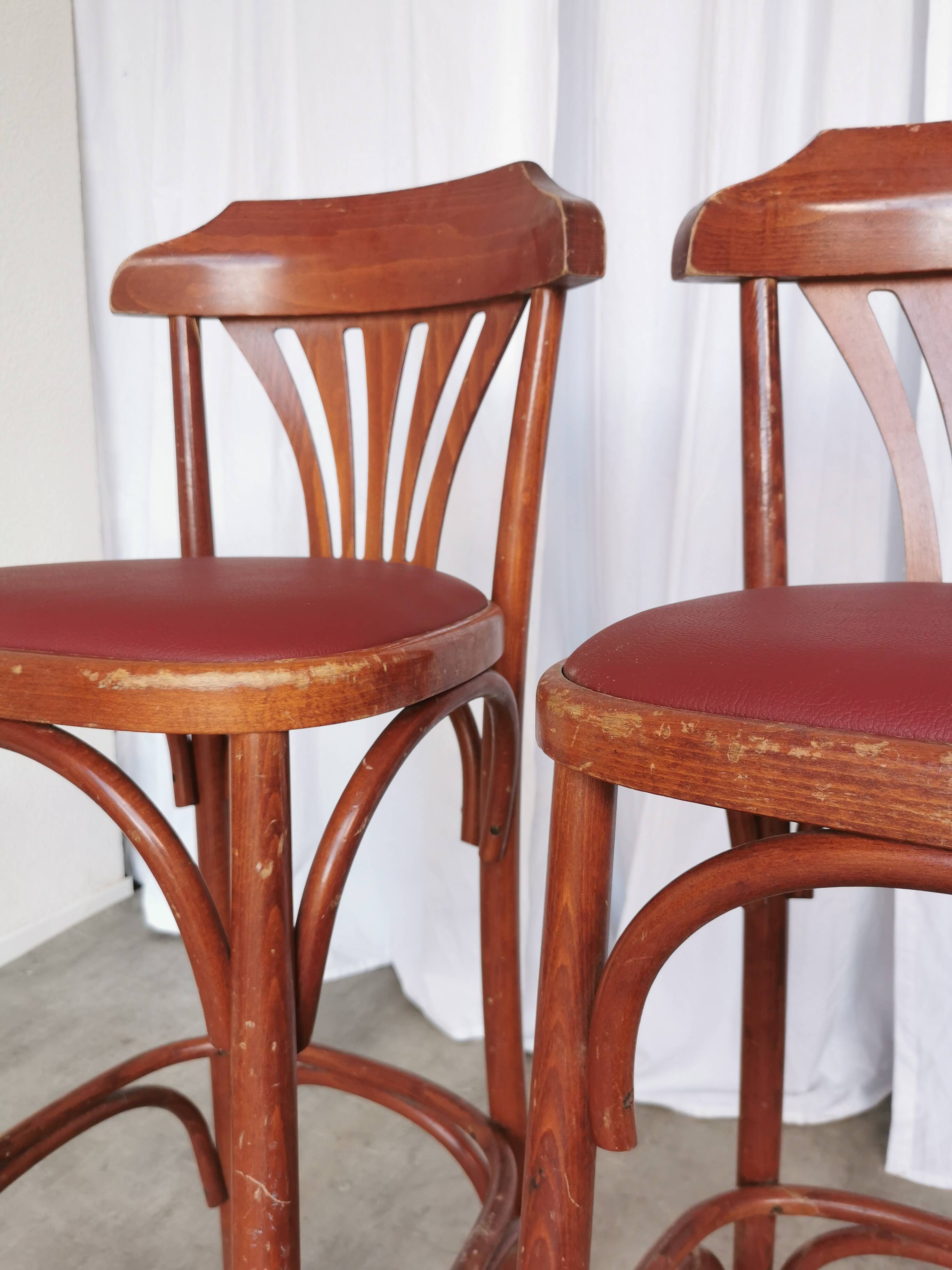 Mid-Century Thonet Style Bar Stools: Red Faux Leather Seat, Set of 2