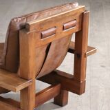 Midcentury Modern Brutalist Lounge Chair In Oak And Leather, Italy 1970s