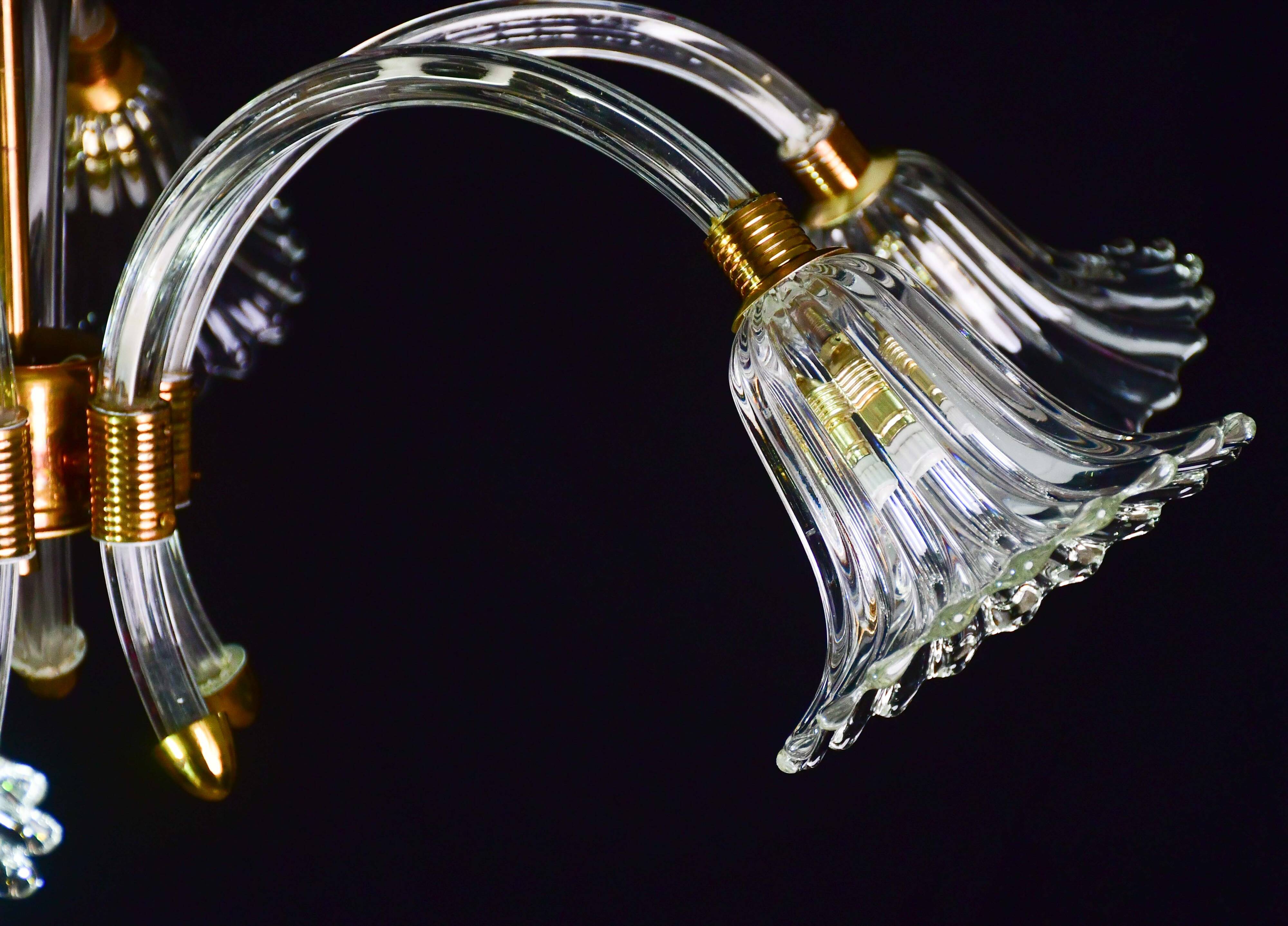 Amazing 6 light Art Deco Murano glass and brass chrome chandelier by Barovier