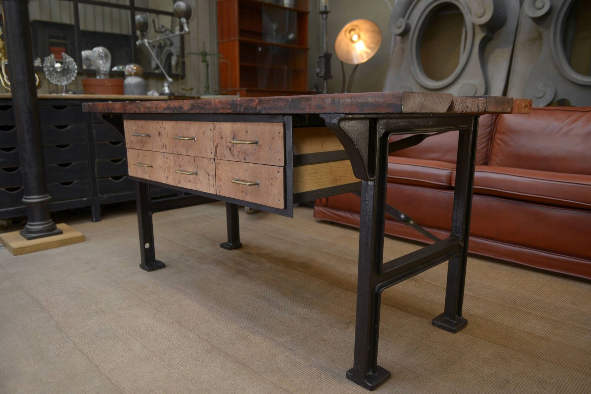 factory workbench in cast iron and wood 1930 with 9 drawers