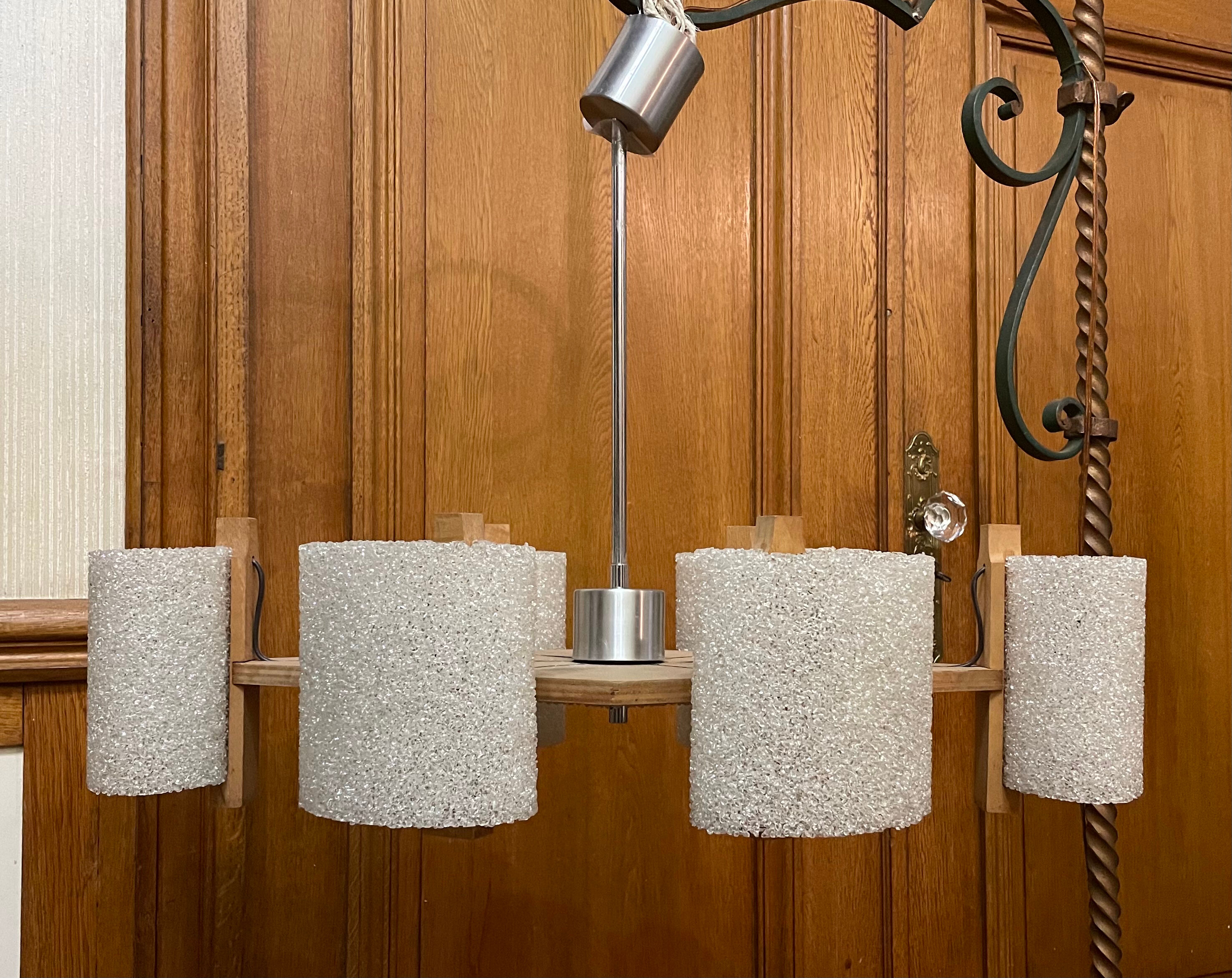 Scandinavian chandelier in wood and perspex