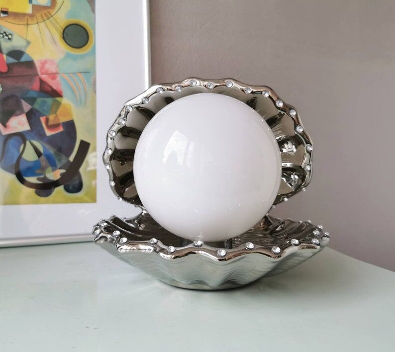 Vintage table lamp in silver ceramic shell 1990