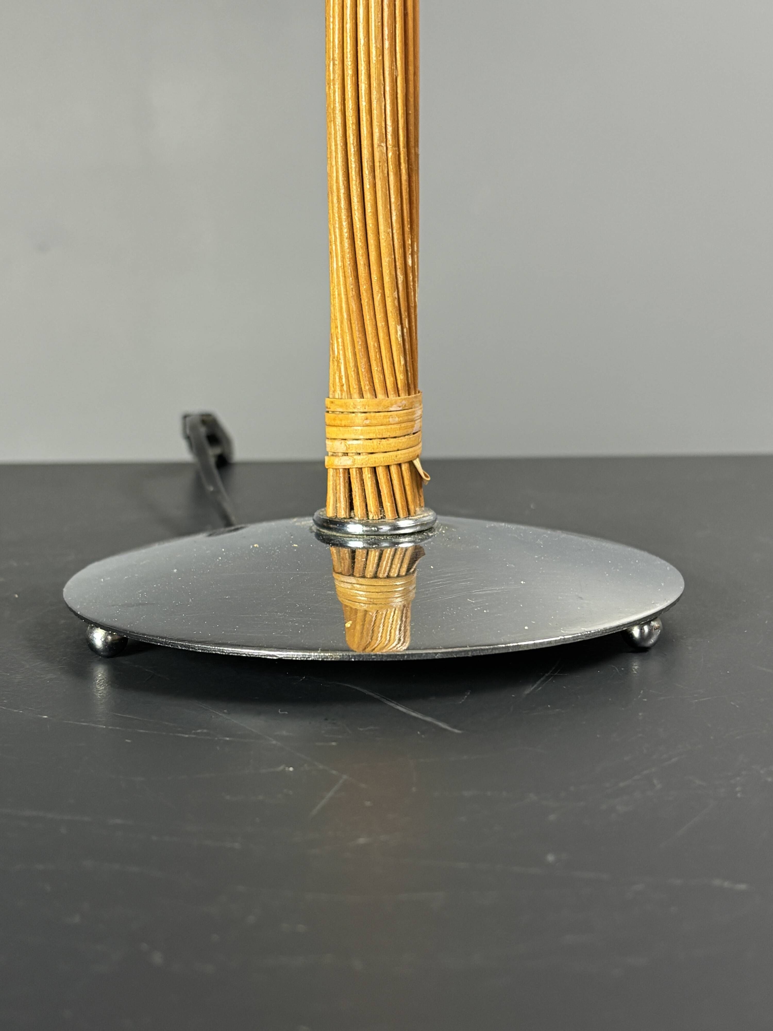 Set of 2 pencil reed rattan bamboo and chrome table lamps, 1980s