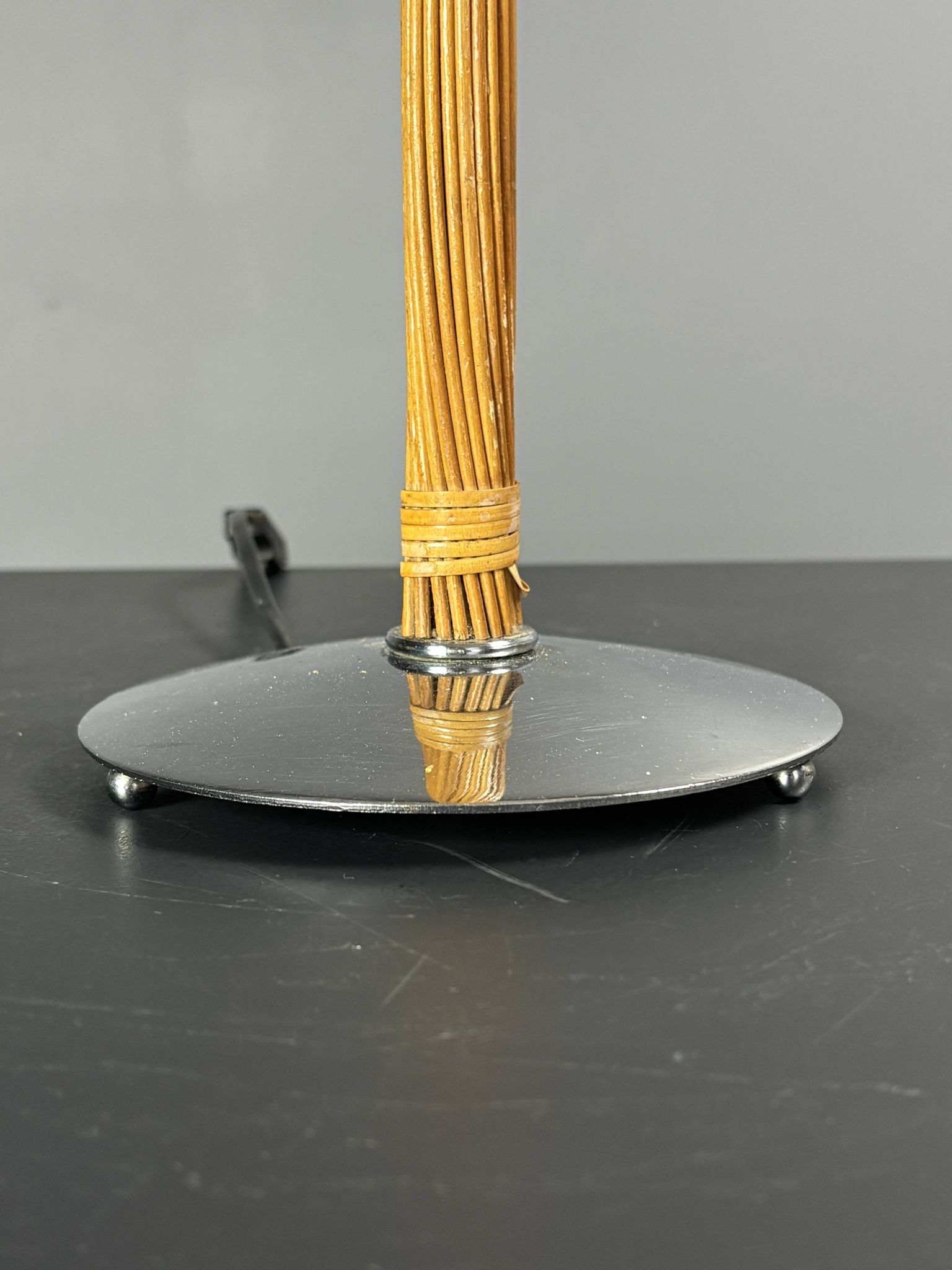 Set of 2 pencil reed rattan bamboo and chrome table lamps, 1980s