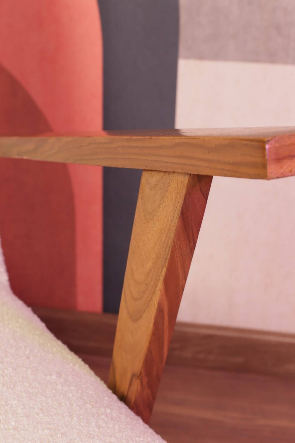 Vintage beige bouclé armchair with walnut wood from the 1950s.