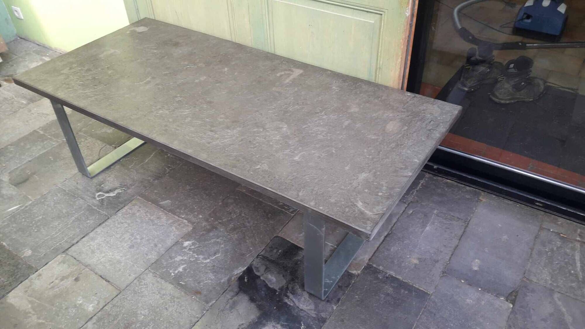 Brutalist coffee table chrome metal and slate Studio Draenert 1970 Germany