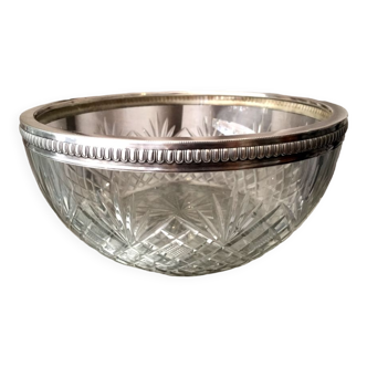 Saladier ou coupe a fruits en cristal taille et pourtour metal argente