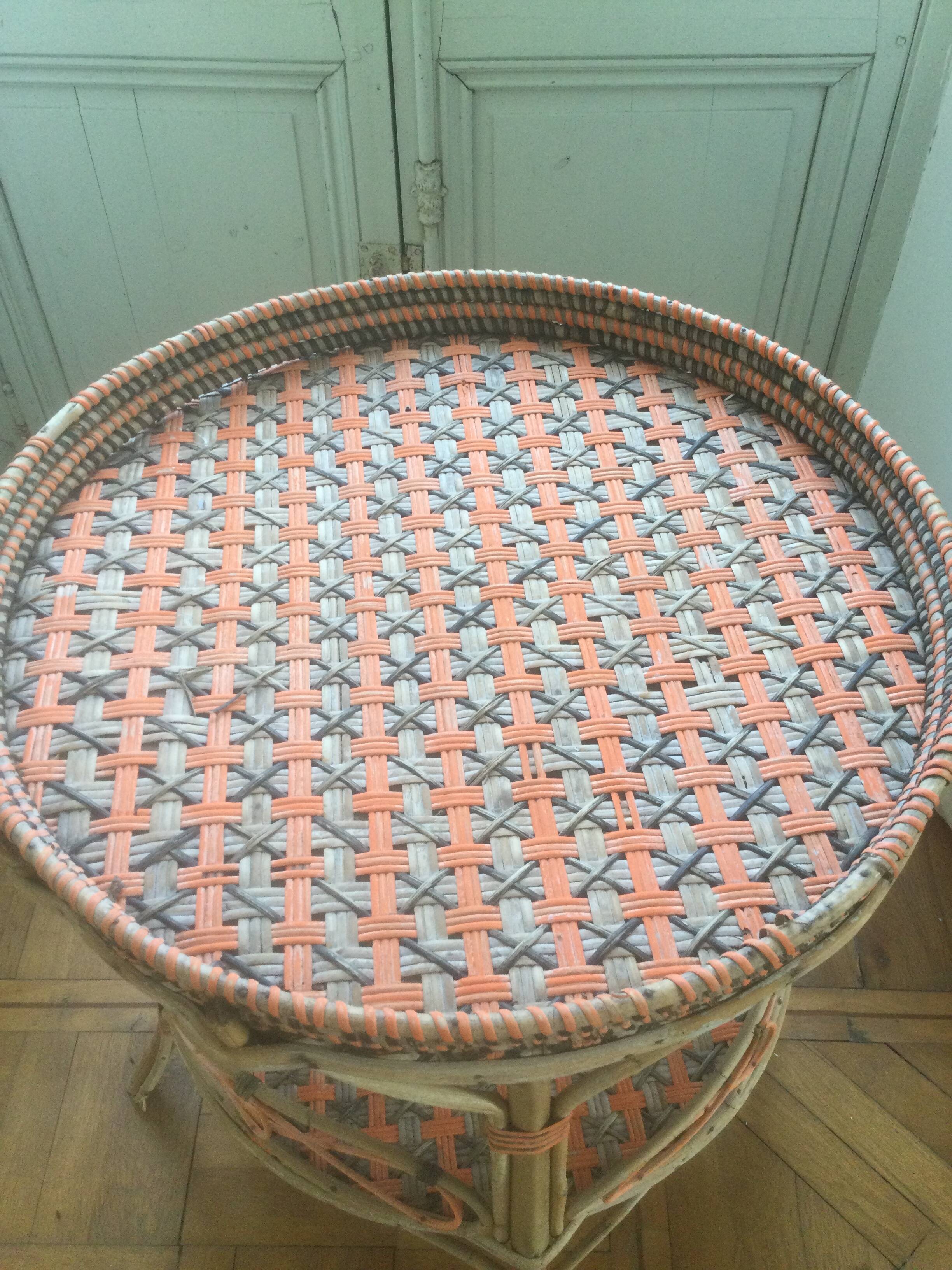 Round old rattan pedestal table