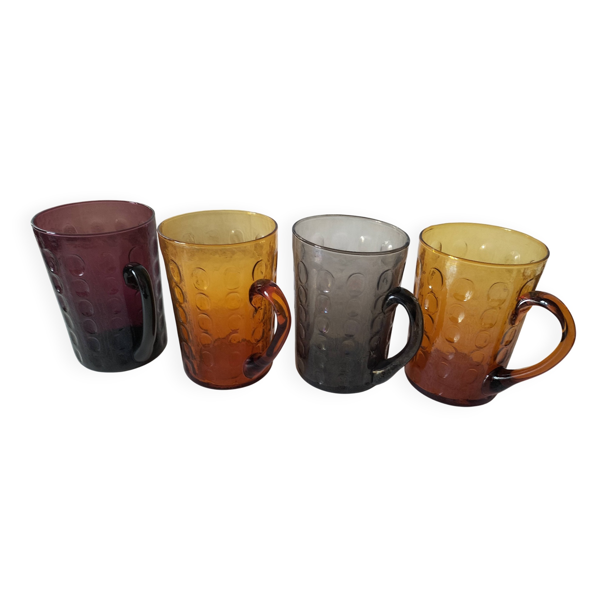 Set of 4 coloured pressed glass mugs, vintage style.