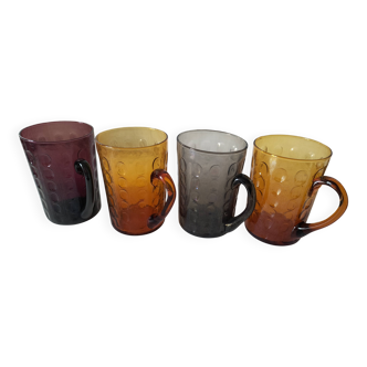Set of 4 coloured pressed glass mugs, vintage style.