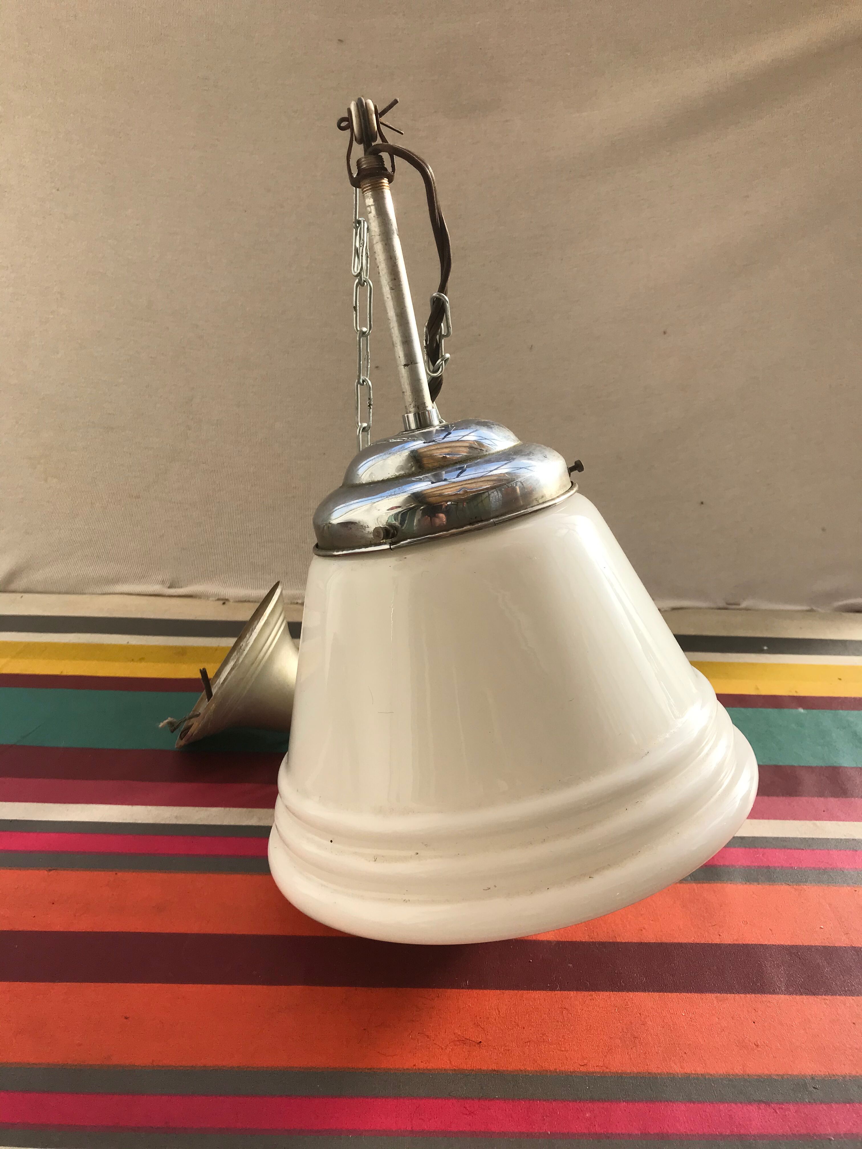 Old white opaline suspension - alu support 50 years vintage