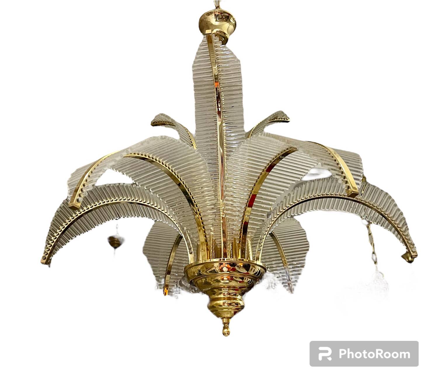 Venini palm chandelier in Murano glass and golden structure, Italy 1980s