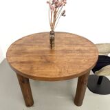 Table ronde moderniste chêne massif, piètement cylindrique pin, DLG Perrian