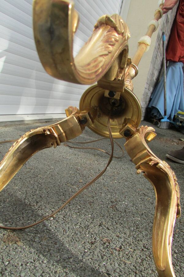 Lampadaire vintage en bronze , laiton et onyx, trépied