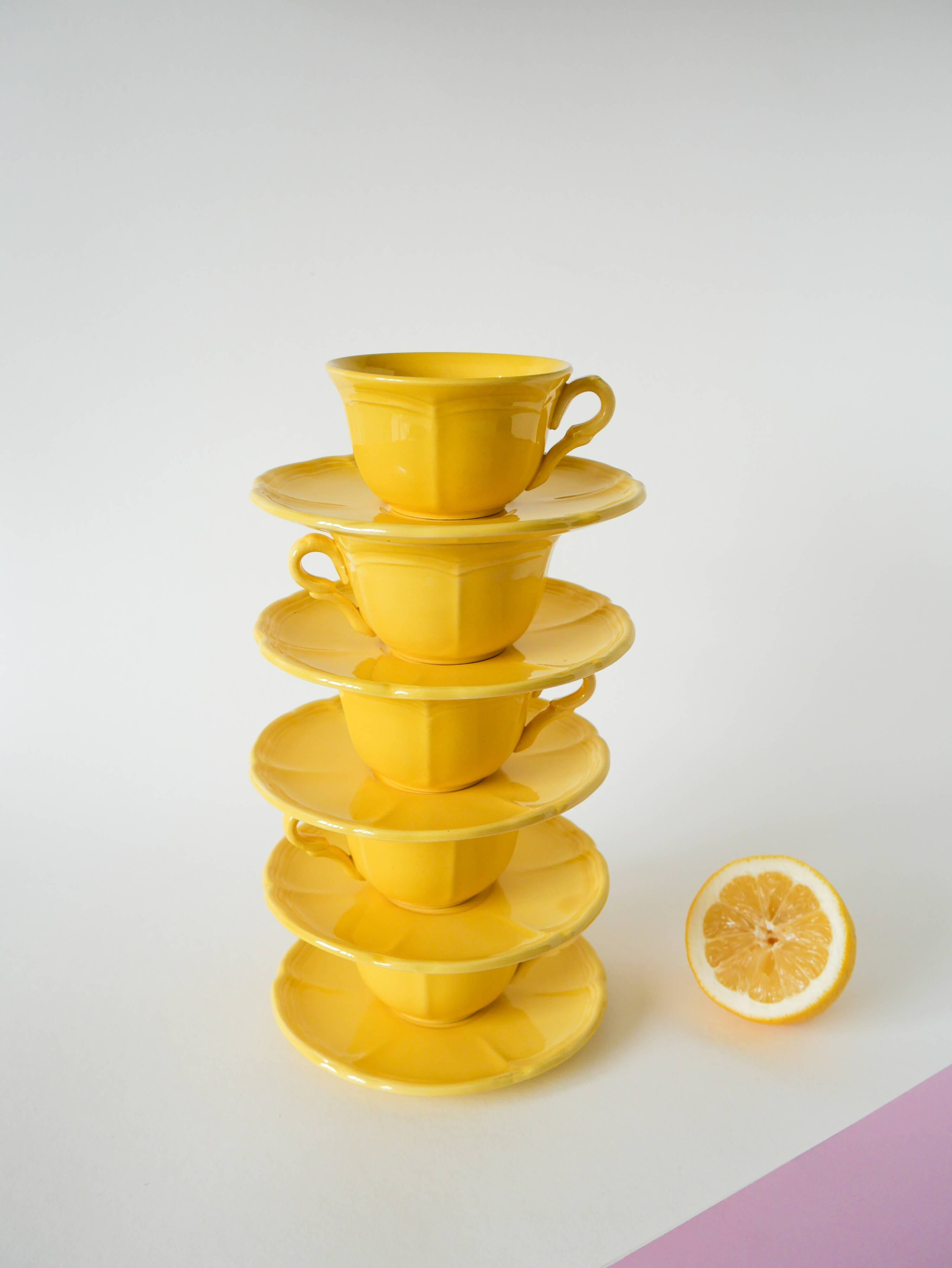 Set of 5 Badonviller lemon yellow cups and saucers, 1960