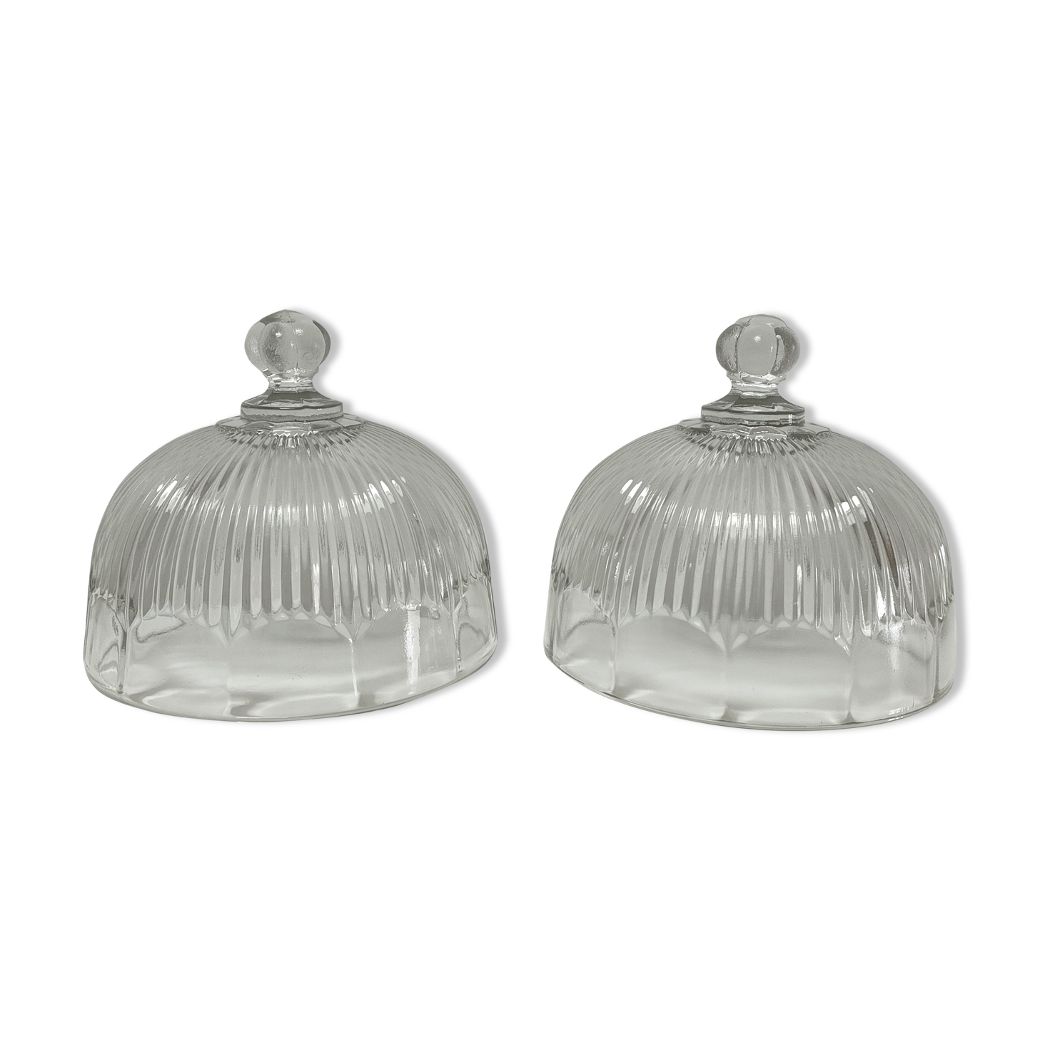 Two cheese bells molded pressed glass striated Art Deco style early twentieth century