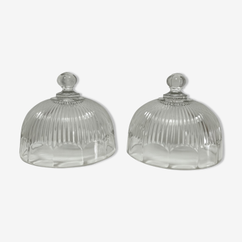 Two cheese bells molded pressed glass striated Art Deco style early twentieth century