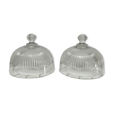 Two cheese bells molded pressed glass striated Art Deco style early twentieth century