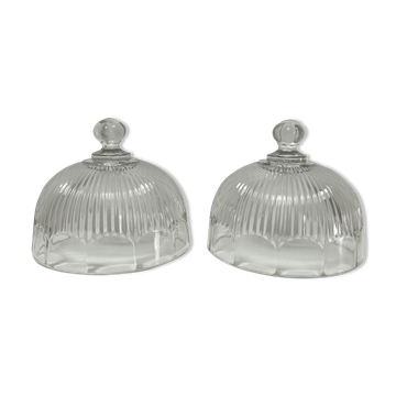 Deux cloches à fromage verre pressé moulé strié style Art Déco début XXème