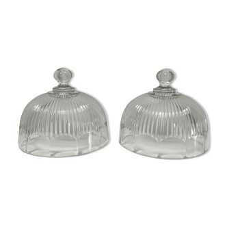 Two cheese bells molded pressed glass striated Art Deco style early twentieth century