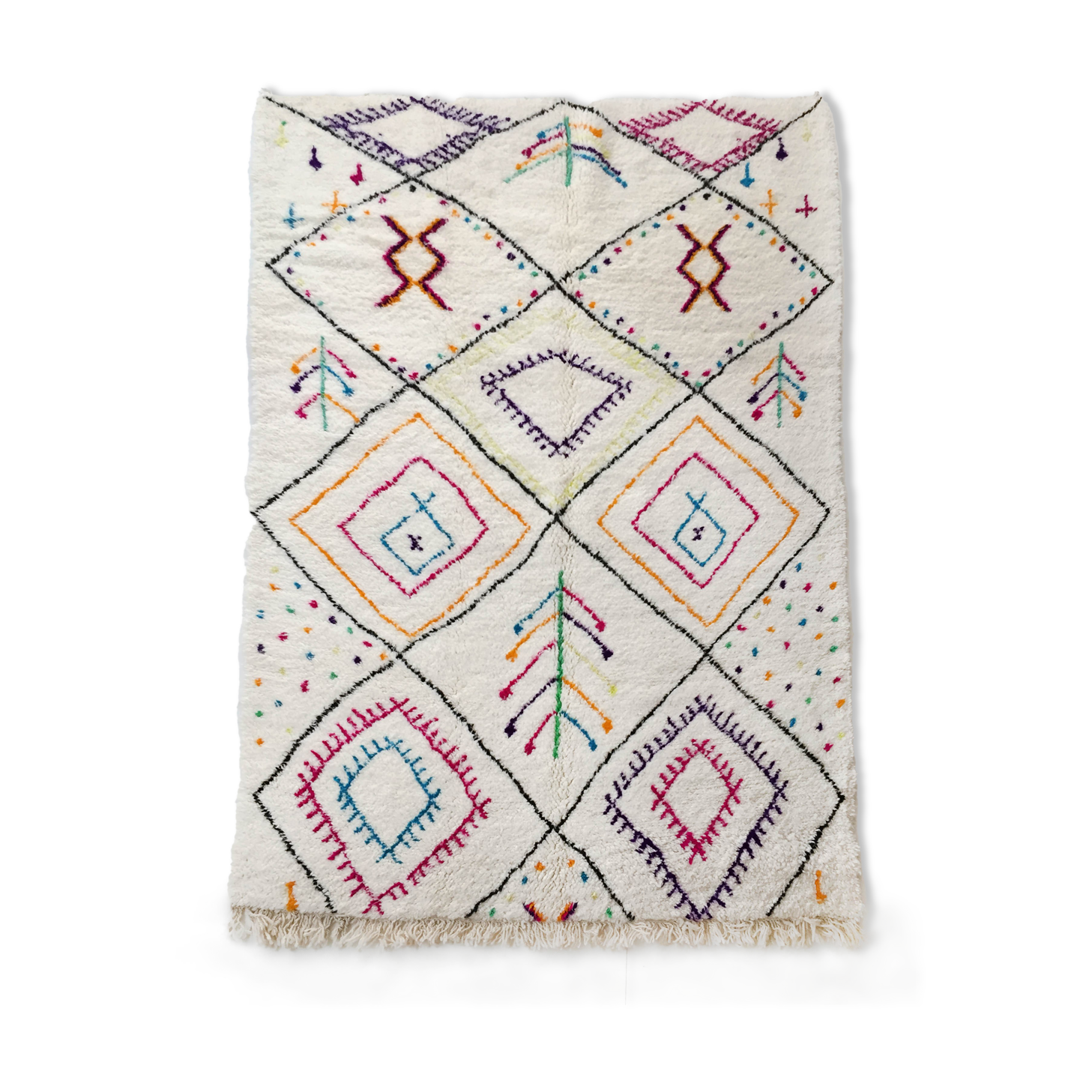 Moroccan Berber carpet azilal ecru with black diamonds and colorful patterns 255x159cm