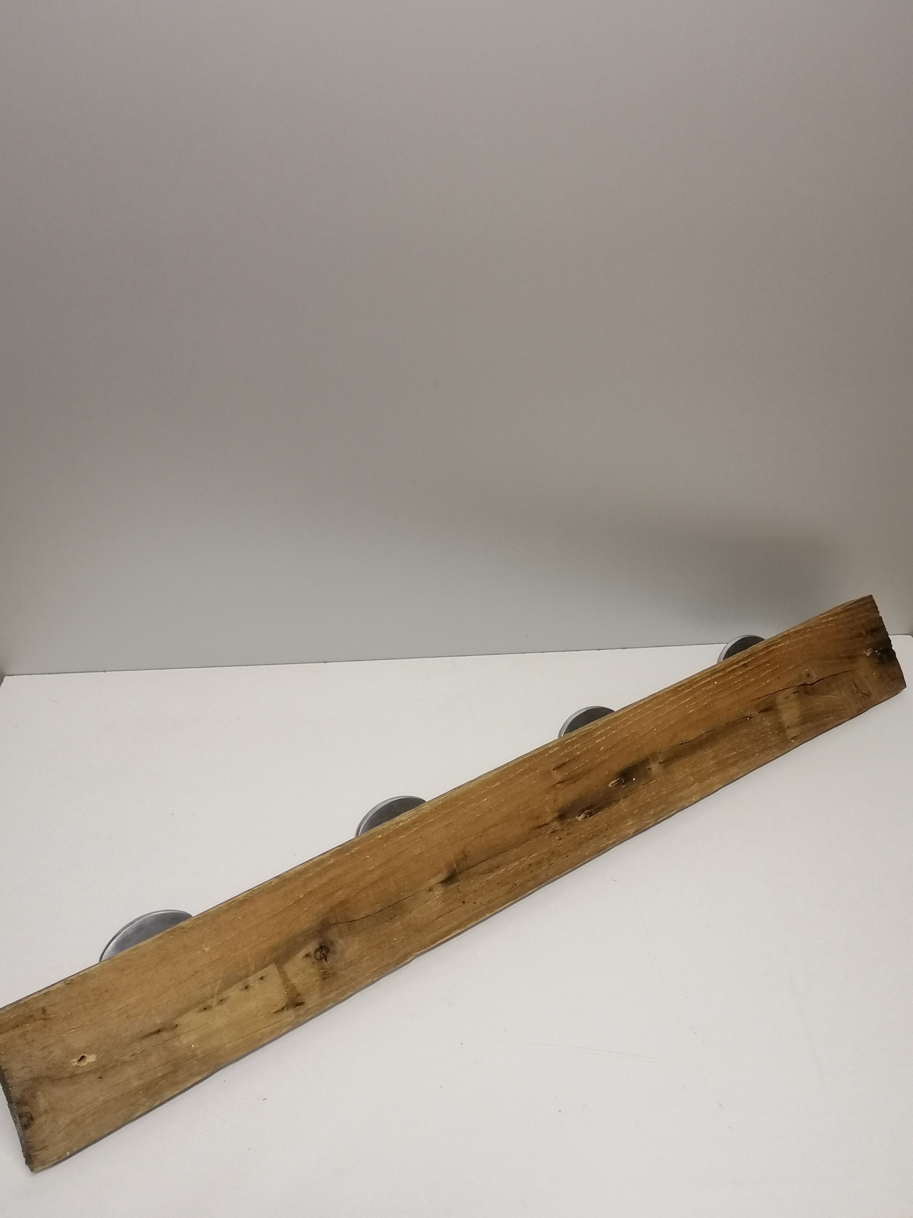 Former farm coat rack - 4 metal patères - wood support - 50s