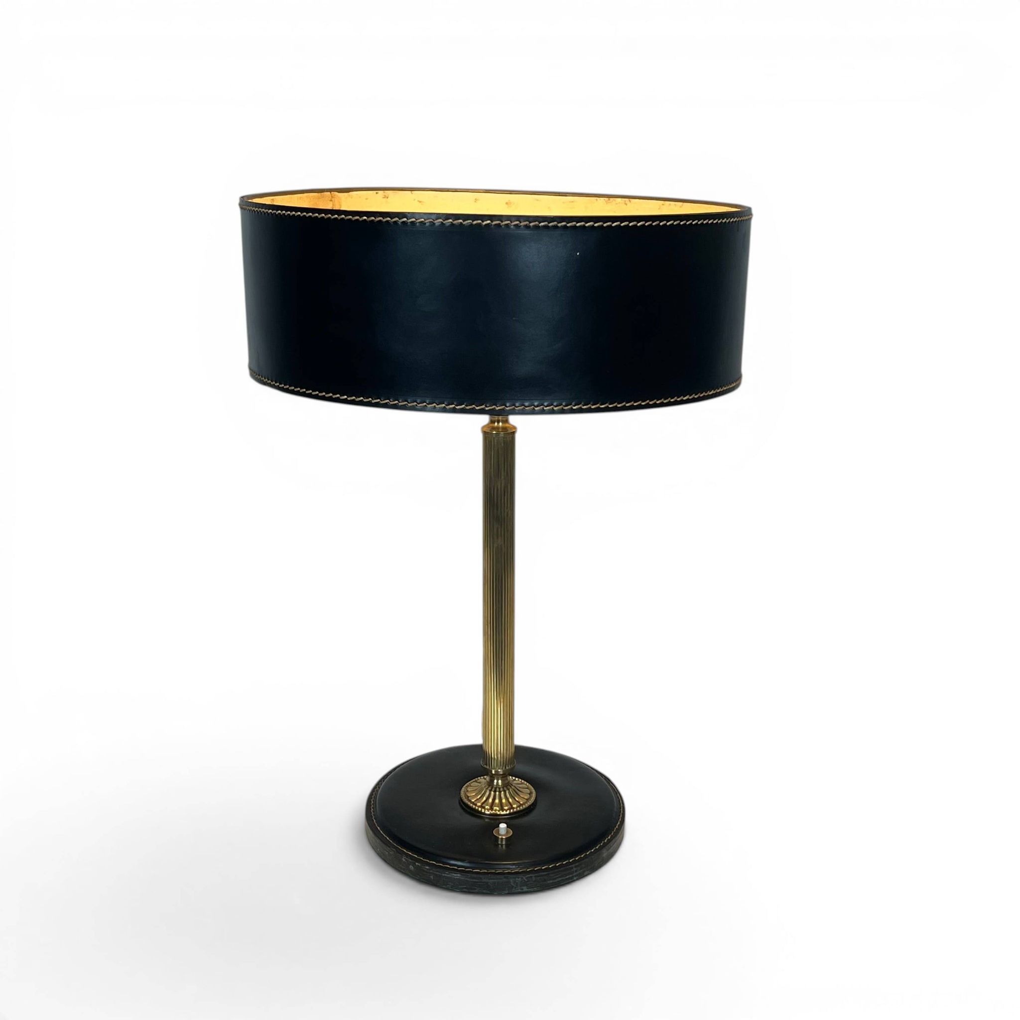 Black Quilted Leather Table Lamp and Golden Brass. French Craftsmanship.