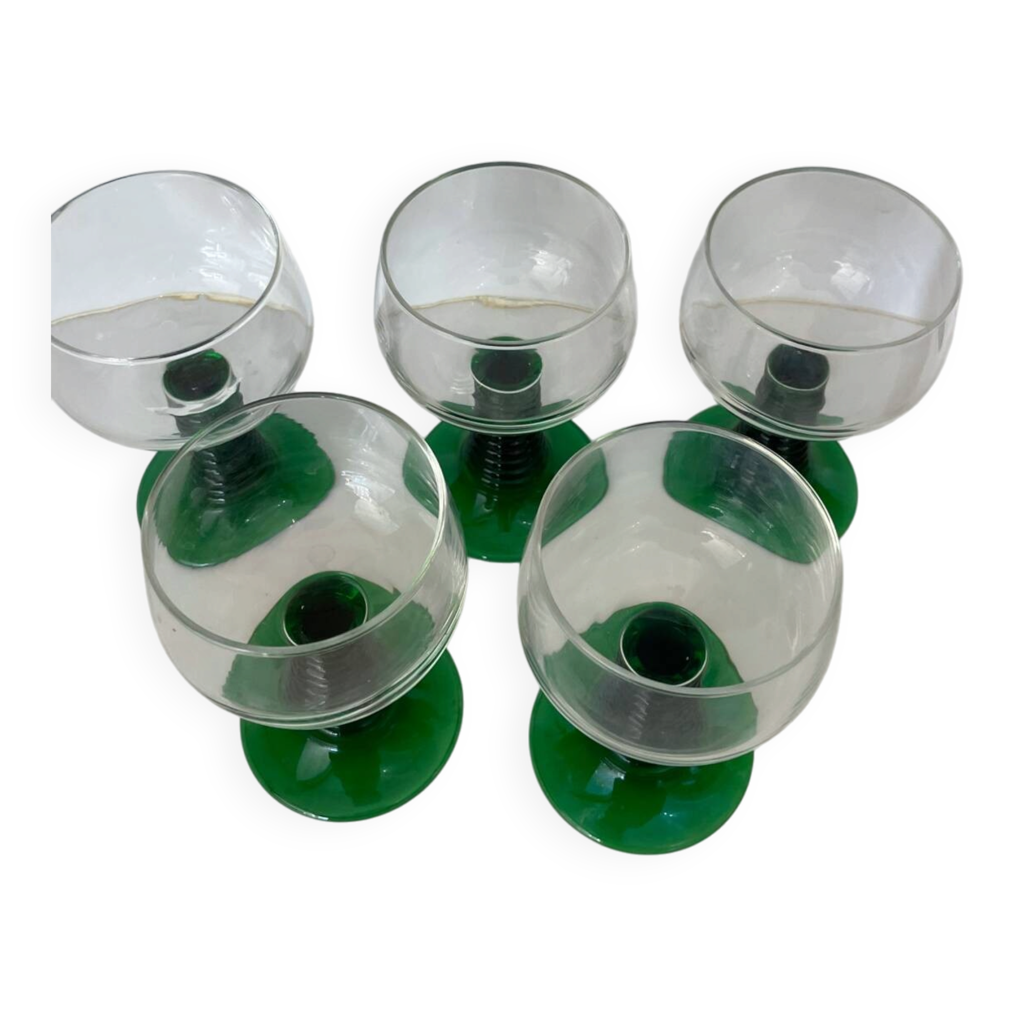 5 two-coloured green stemmed glasses with conical stems Roemer
