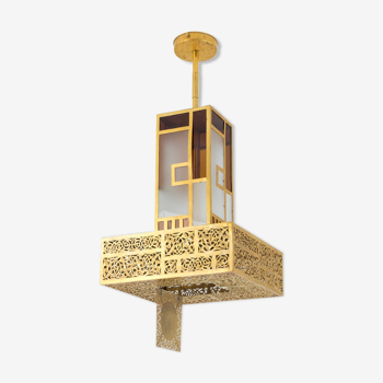 Suspension style oriental laiton doré et verres colorés, années 1960