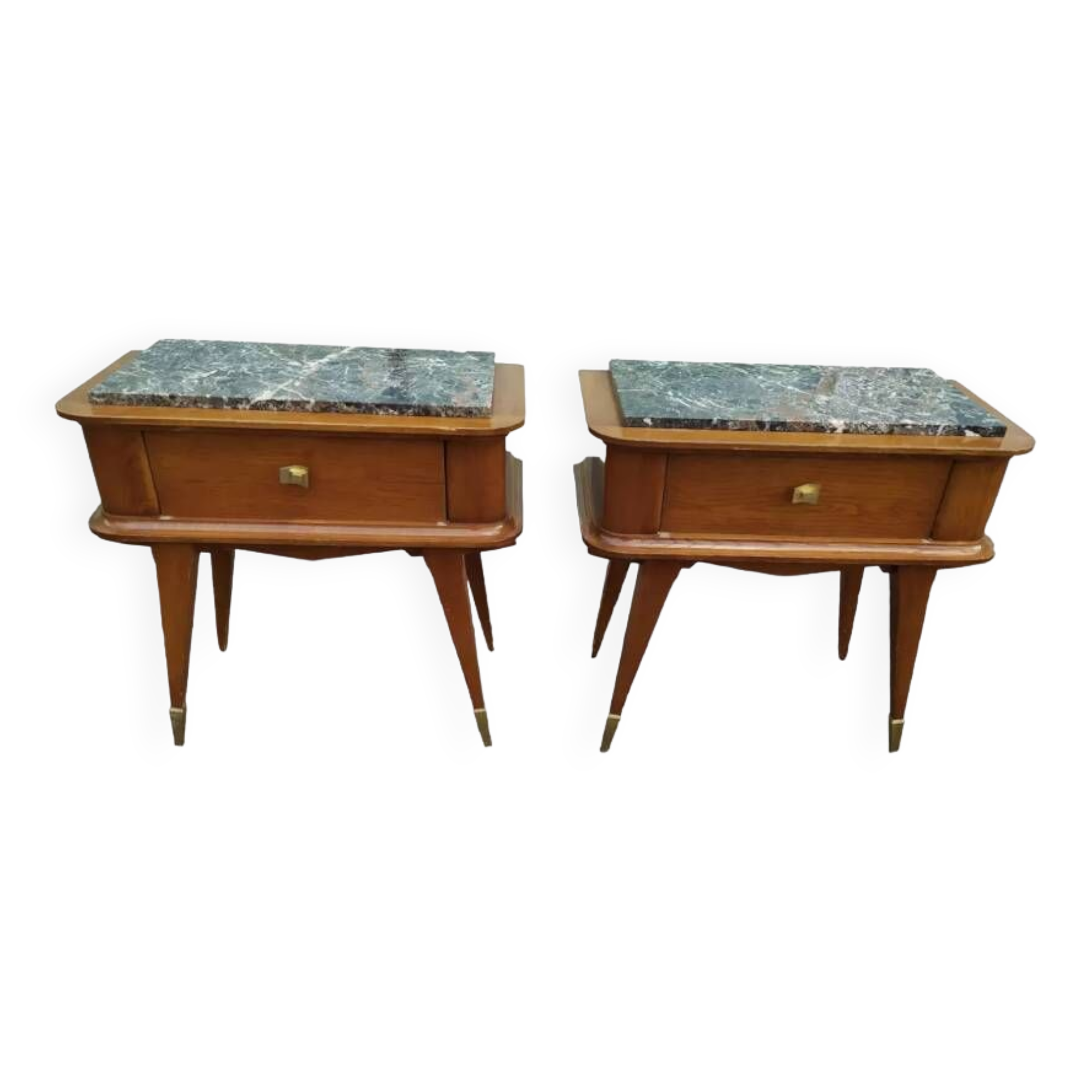 Set of 2 black white marble wood bedside tables with compass legs